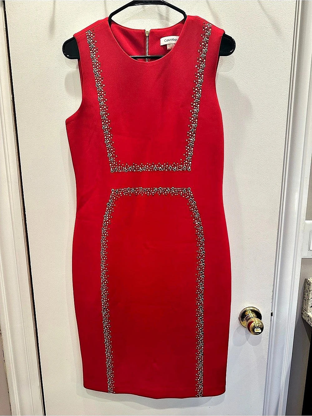 Calvin Klein Rhinestone-Embellished Sleeveless Sheath Dress Red Size 10